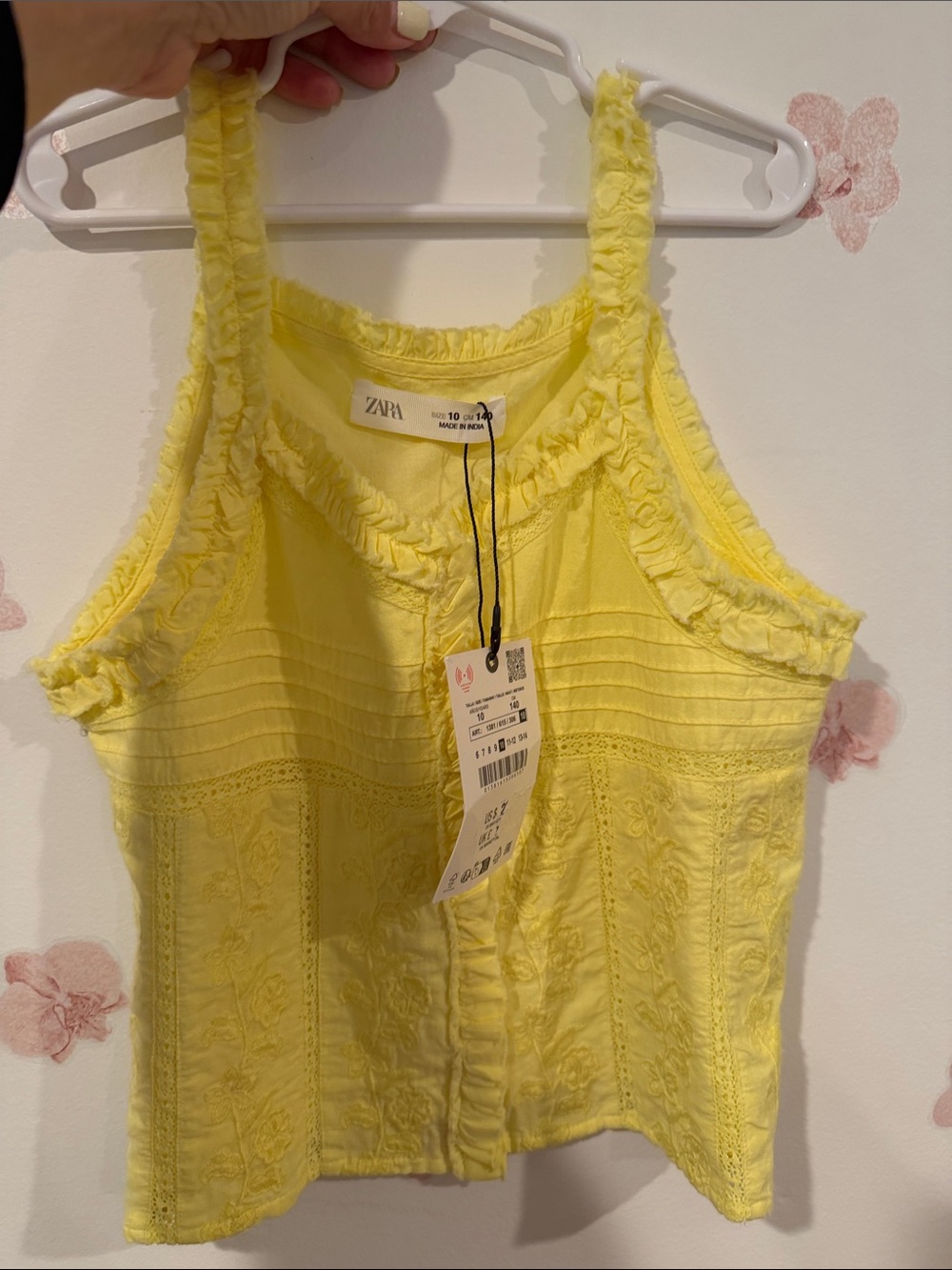 Zara Lemon Ruffle-Trim Embroidered Tank Top